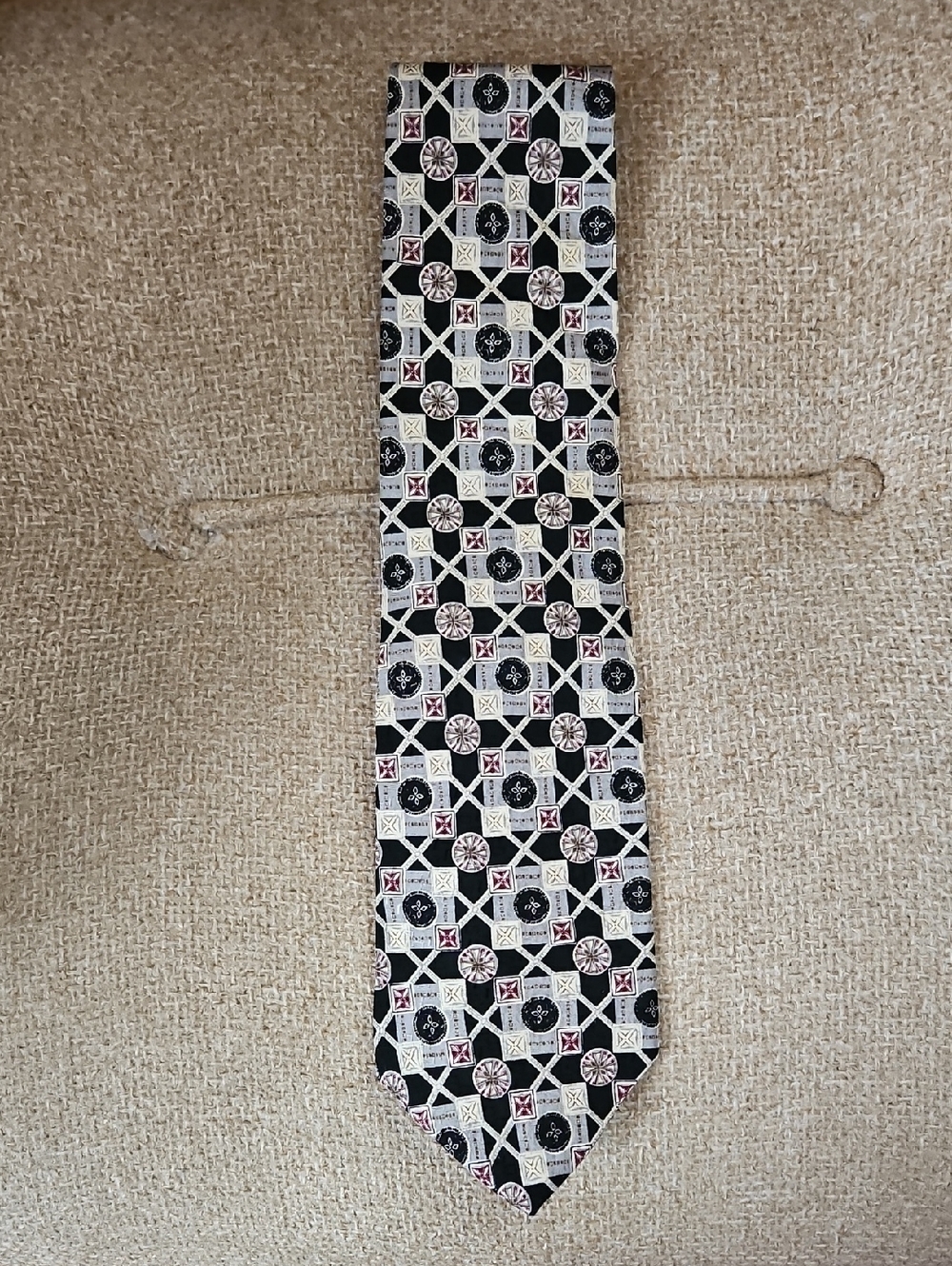 Torriani Geometric Medallion Tie in Black, Cream and Red Accent
